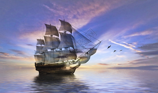 日落时海上的旧船图片