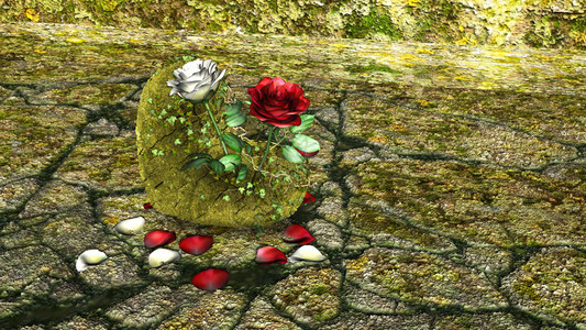 红玫瑰和白玫瑰的心形岩石在由岩石图片