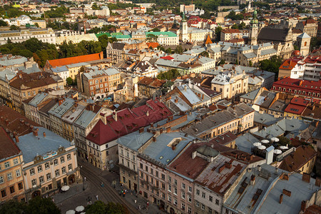 从利沃夫市政厅的顶视图建设城市的城市管理目前为游客开放的观点图片