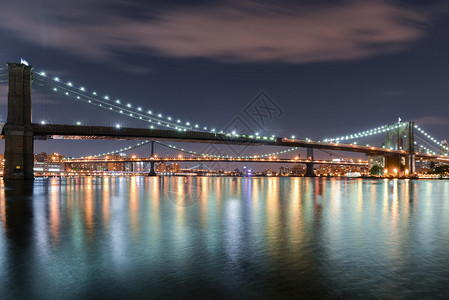 布鲁克林曼哈顿和威廉斯堡大桥的景象在晚上从纽图片