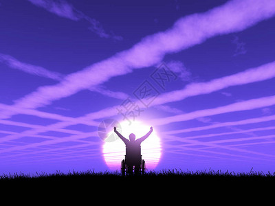 三维制成男坐在轮椅上手举起来面对紫色日落的风景图片