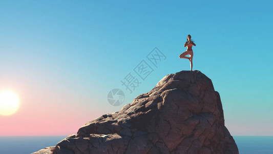 年轻女子在山顶做瑜伽这是3D的插图图片
