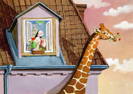 长颈鹿偷走生长在一个女孩的阁楼上的花图片