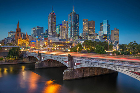 黄昏时分澳大利亚墨尔本的城市景观背景图片