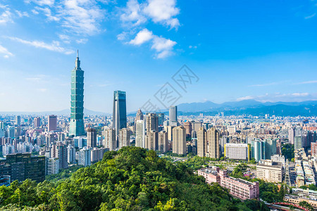 台北故宫博物院蓝天白云城市天际线台北101建筑和建筑的美丽景背景