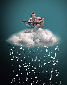 人用音乐笔记在云中和雨中弹吉他图片