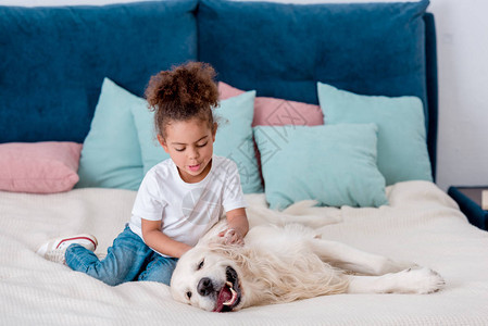 可爱的小非裔美国小孩坐在床上爱抚快乐的狗图片