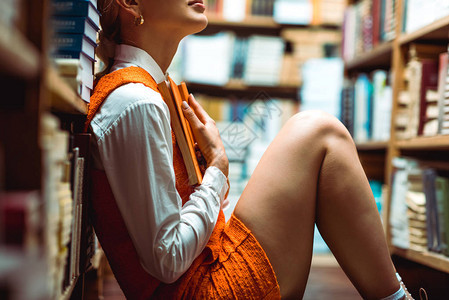 图书馆藏书的橙色裙子女形象以切成图片