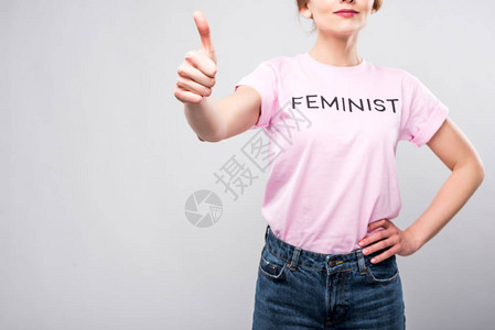 粉红色女权运动者T恤衫中女切成画面图片