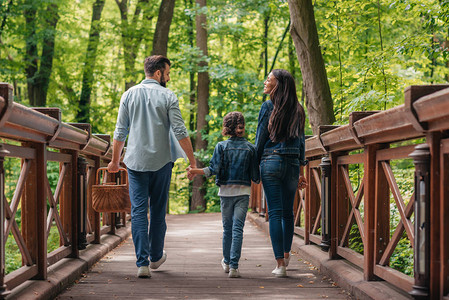 年轻跨种族家庭手牵走过林中木桥的后视线图片