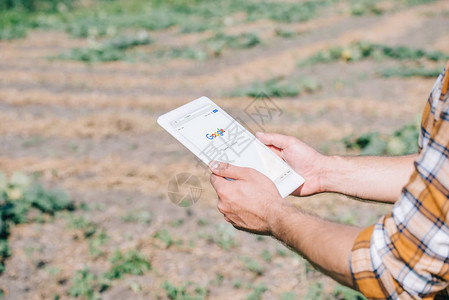 农民站在田间时使用带有谷歌网站的数字平图片