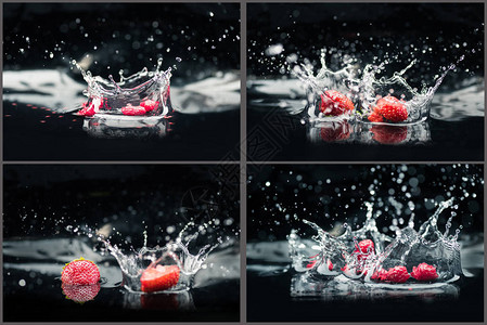 与覆盆子和草莓在水中溅起的拼贴画图片
