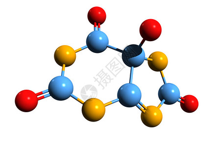 3D图像5Hydroxyisorate骨架式在白色背景下分离的尿酸氧化产物的图片