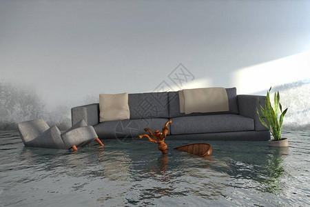 3d渲染家具漂浮在房子里淹水图片