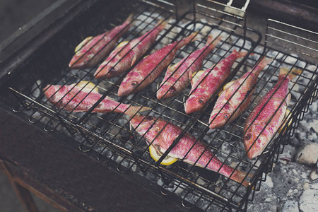 烤肉烧烤时的红鱼野餐时在户外吃苏姆莱特Surmull图片