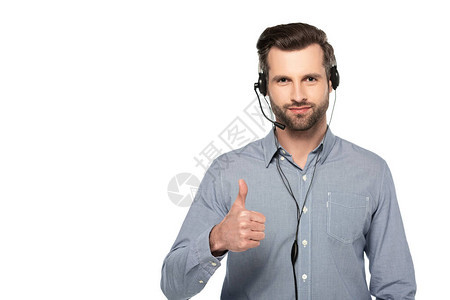 在耳机中显示指尖的快乐操作员将拇指图片