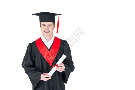 带着孤立于白人的毕业文凭微笑着戴毕业帽图片