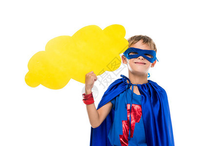 穿着超级英雄服装的男孩带着空无言语气泡图片