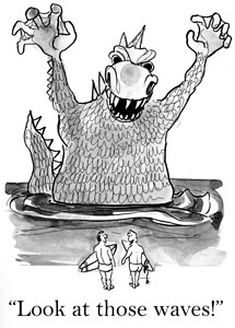 卡通插图海怪吓唬冲浪者图片