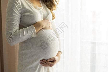 窗边年轻孕妇的肖背景图片
