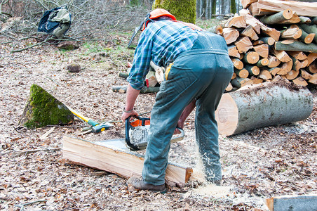 伐木工人用电锯砍树背景图片