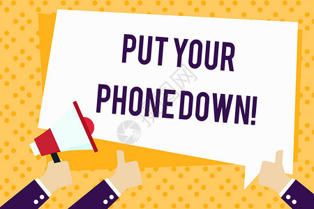 写笔记显示放下你的手机终端电话连接的商业概念说再见呼叫者手持扩音器和手势竖起大图片