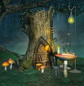 树林有灯和书的旧后车厢附近的精灵园地插画