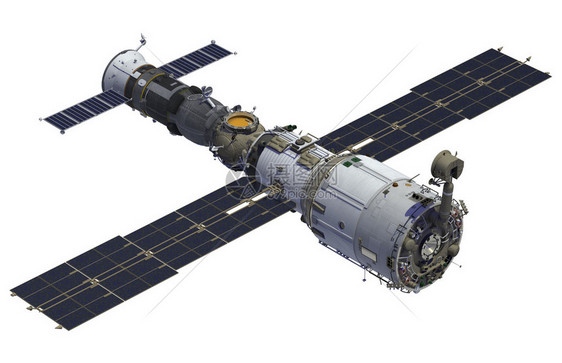 白色背景上的空间站和航天器3D中心图片