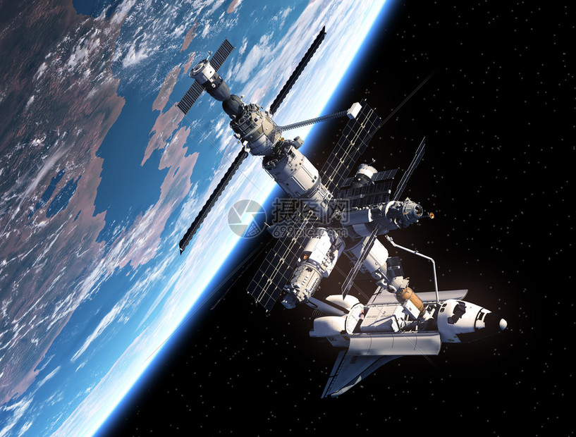 航天飞机和空间站3D场景图片