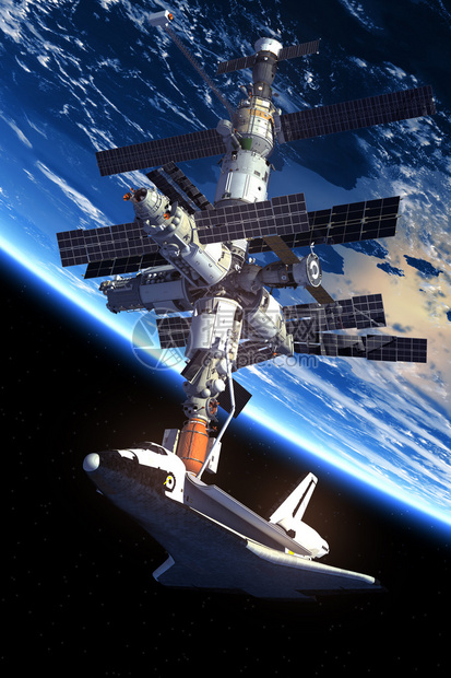 航天飞机和空间站环绕地球轨图片