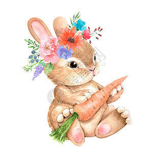长着花的可爱小兔子头顶上一朵花和胡萝卜图片