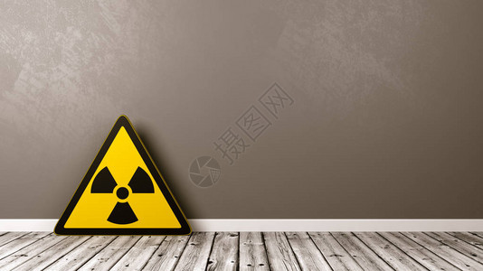 使用3D复制空间的灰墙木地板上的电离辐射危险标志背景图片