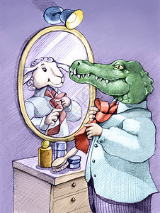 一只鳄鱼在绑着领带时看着镜子视自图片