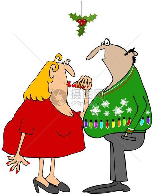 说明描述一位热心的女人和一个勉强的男子站在一些圣诞礼堂下图片