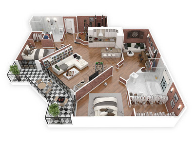 3D插图开放概念式居住公寓布局图片