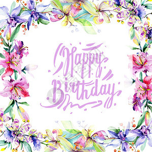 带有粉红和紫兰花的框架水彩画时装与赤道隔绝配有快乐生日标图片