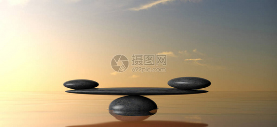 平衡概念Zen平衡水面的石头日落图片