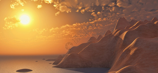 山景和大海在夕阳天空下的3D渲染图片