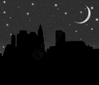 在夜满天星斗的天空和新月背景下的曼哈顿下城剪影插画