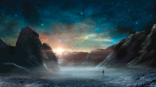 人类站在有岩石恒星和太阳的科菲神奇景观中数字绘画插图美国航天局提供图片