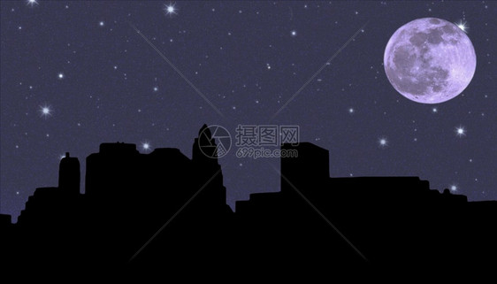 在夜满天星斗的天空和月亮背景下的曼哈顿下城剪影图片
