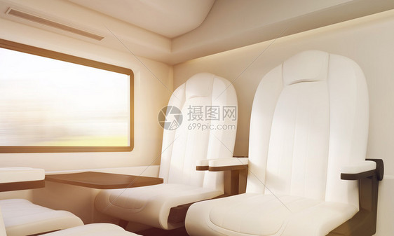 小桌边和火车窗口附近的白色软臂椅长途商务旅行的概念3D图片