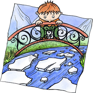 这男孩站在一座桥上看着冰运动河边的冰浮片水图片