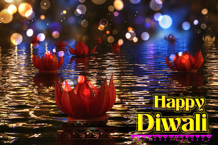 在Diwali背景的河上漂浮的莲花形状d图片