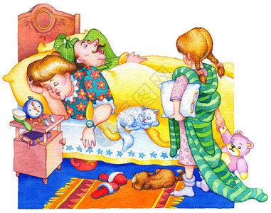 水粉开朗的图片在复古风格上白色孤立在舒适的房间里可爱有趣的家庭场景小女孩想在早上醒来睡在毯子下的父母和宠物图片