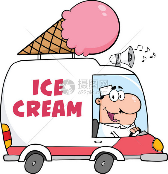 快乐的冰淇淋人驾驶卡车图片