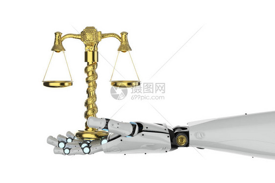 3D机器人手在白色背景上握着黄金比例尺的图片