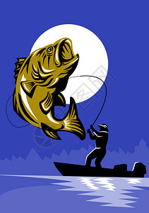 说明富利渔夫用回旋式的钓鱼棒在贝斯船上跳起大茅嘴巴图片