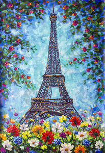 Eiffel铁塔巴黎春花油画背景图片