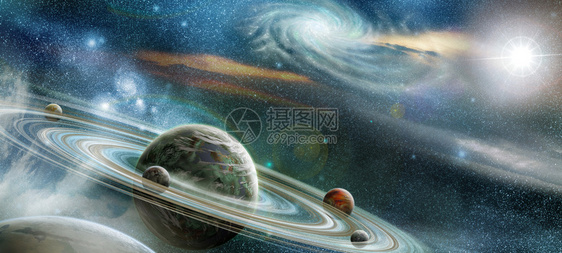 拥有众多突出环系统和四颗卫星的行星在地球轨道上运行图片